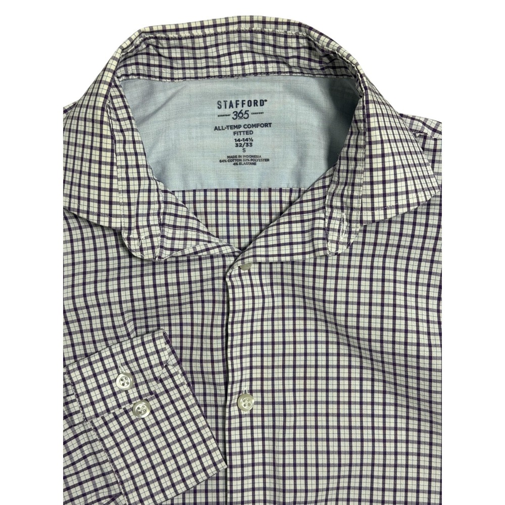 Stafford‎ 365 Dress Shirt Mens 14-14.5 32/33 Small Purple Gingham Fitted Stretch